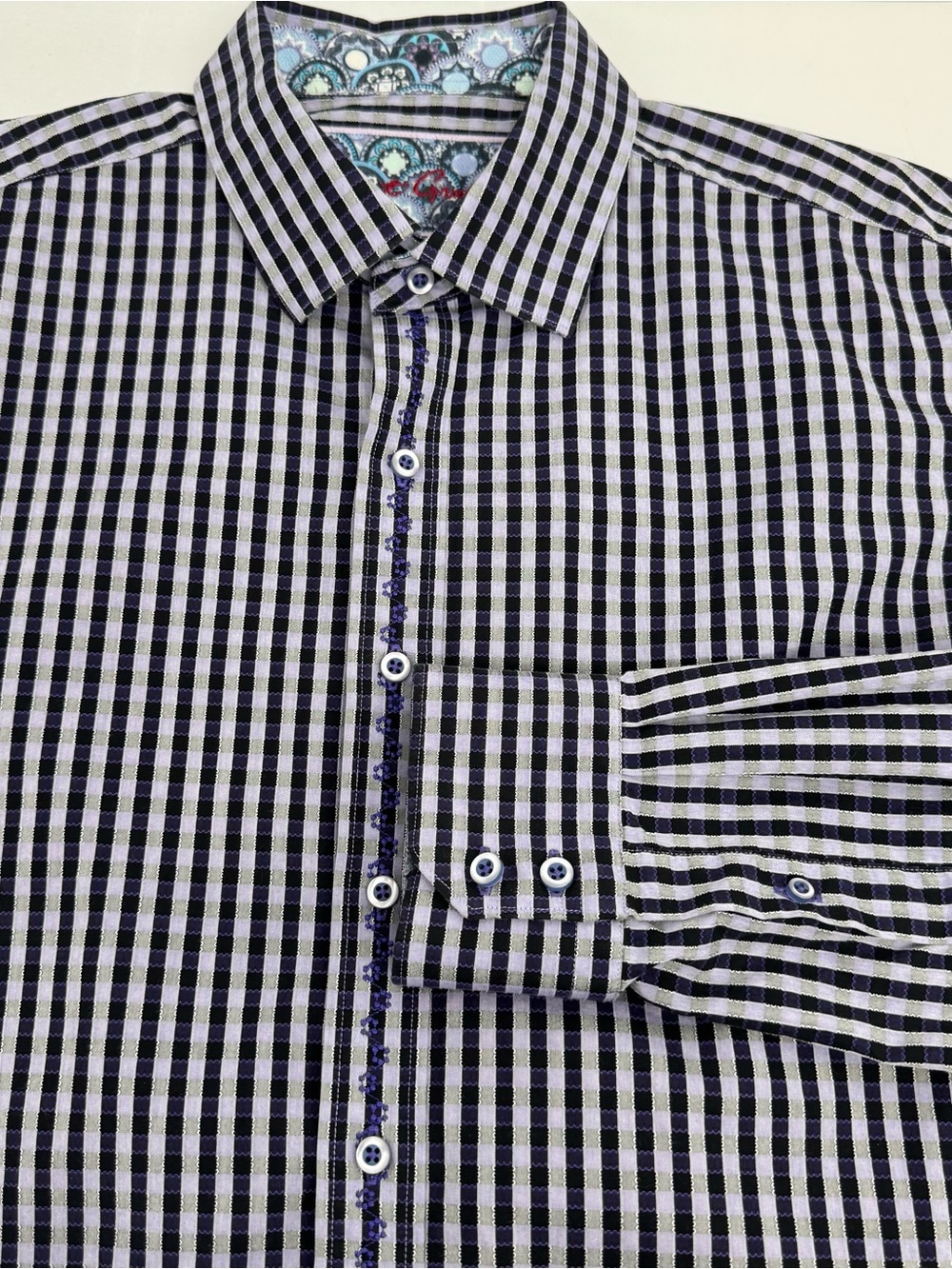 Robert Graham XL Gingham Check Embroidered Front Contrasting Cuffed Button Down